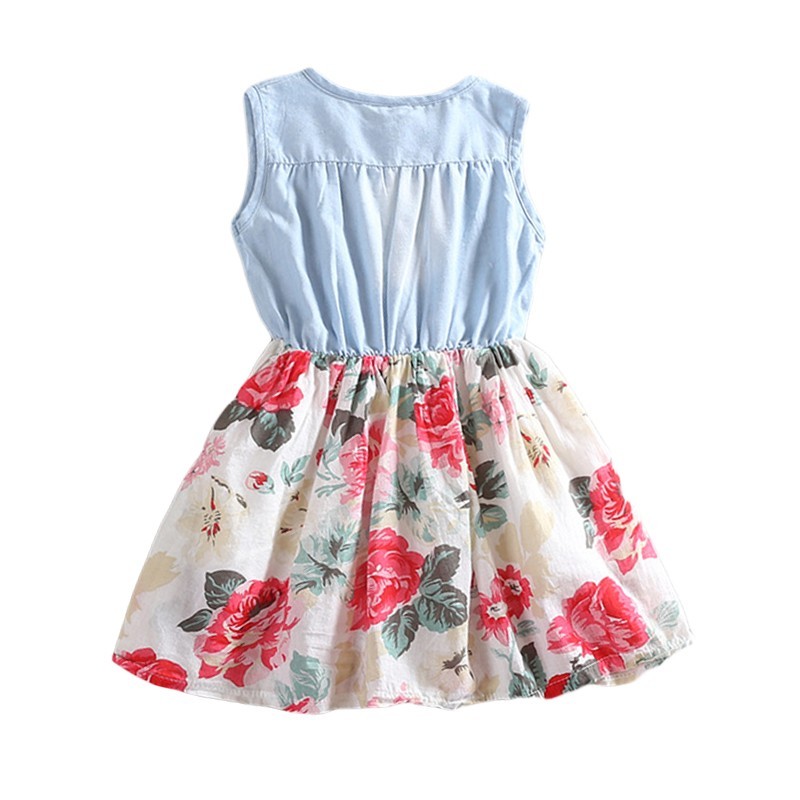 Girls' Sleeveless Denim Dress | Summer Floral Dress for Kids.