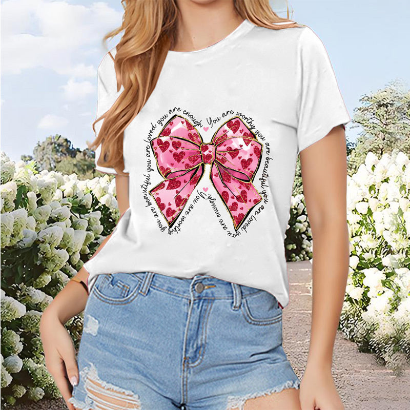 Women’s Round Neck T-Shirt | Short Sleeve Bow Print Top.