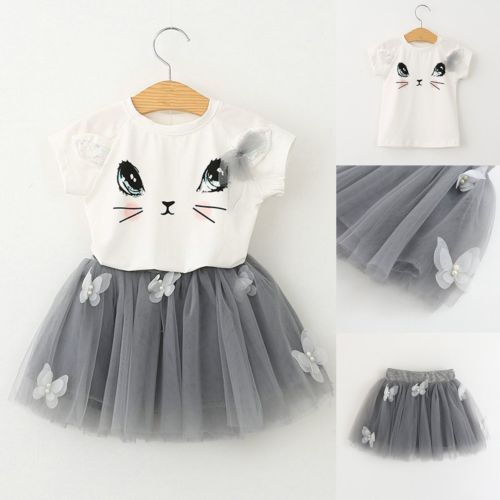 Girls Cat T-Shirt & Skirt Set | Cute Butterfly Beaded Outfit for Kids.