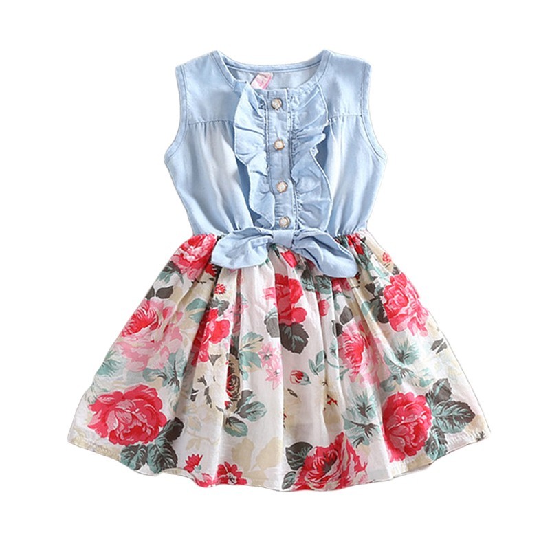 Girls' Sleeveless Denim Dress | Summer Floral Dress for Kids.