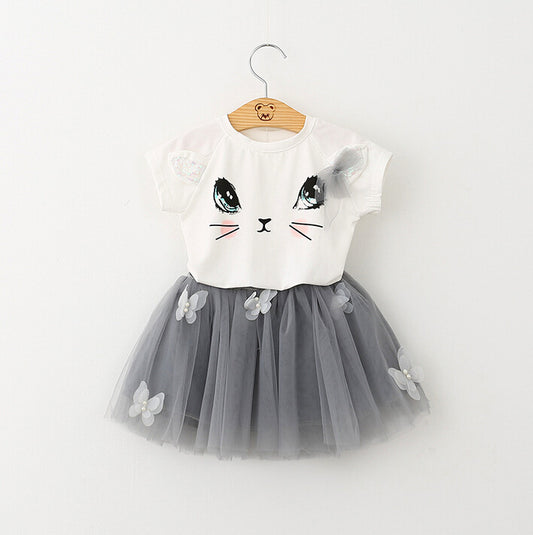 Girls Cat T-Shirt & Skirt Set | Cute Butterfly Beaded Outfit for Kids.