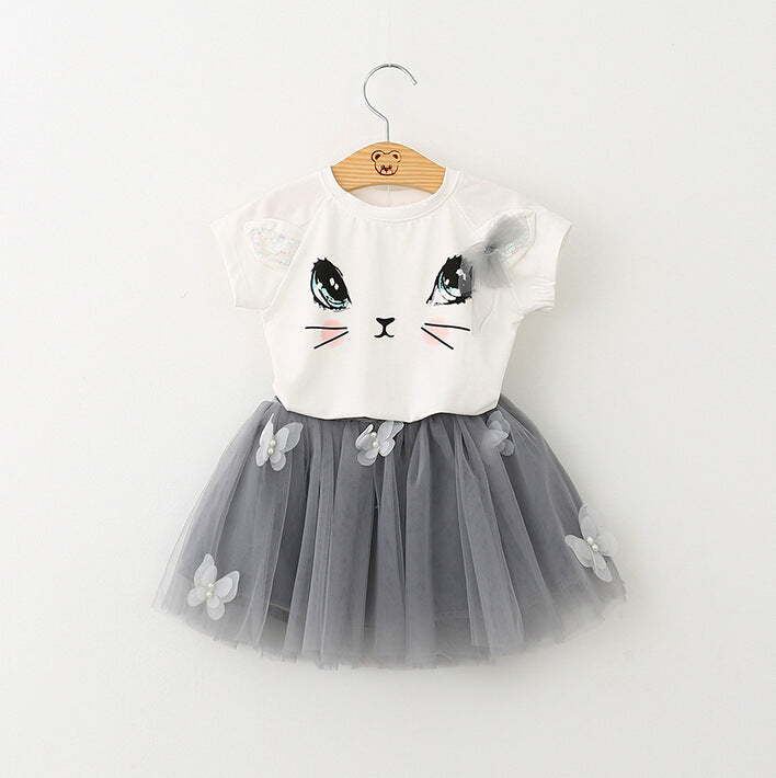 Girls Cat T-Shirt & Skirt Set | Cute Butterfly Beaded Outfit for Kids.