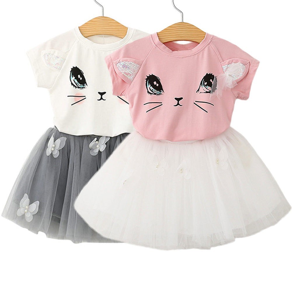 Girls Cat T-Shirt & Skirt Set | Cute Butterfly Beaded Outfit for Kids.