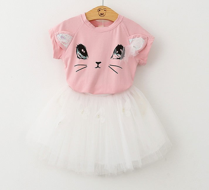 Girls Cat T-Shirt & Skirt Set | Cute Butterfly Beaded Outfit for Kids.