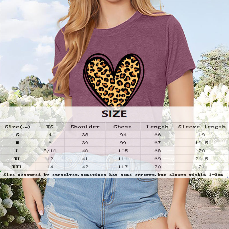Women’s Round Neck T-Shirt | Short Sleeve Leopard Heart Print.
