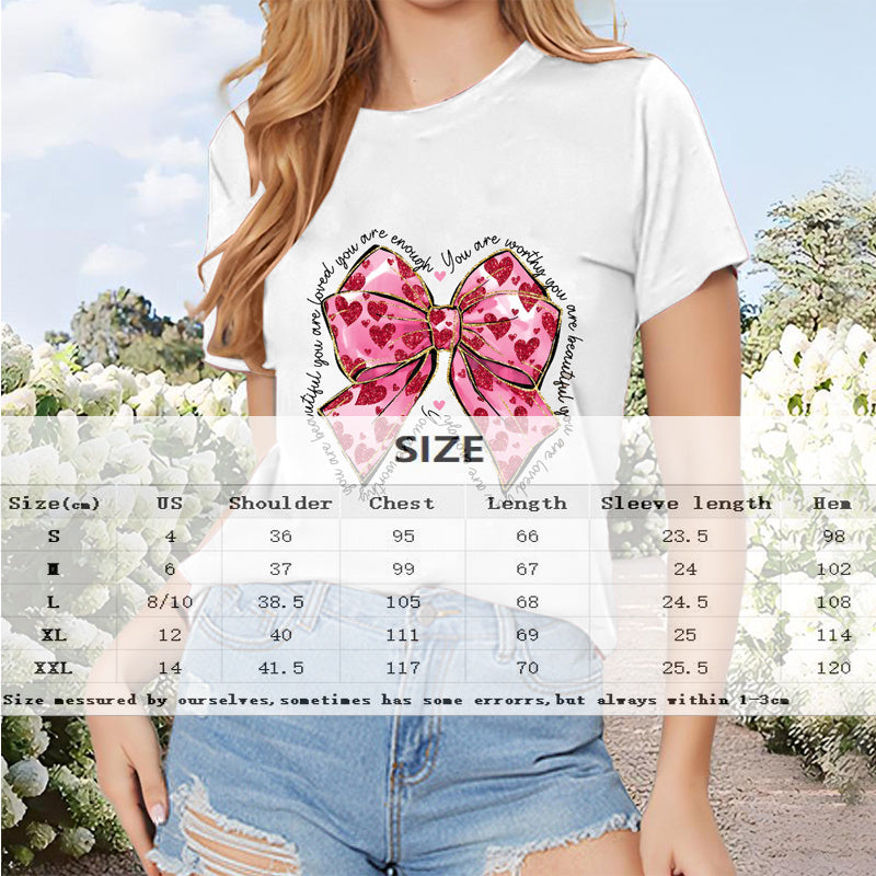 Women’s Round Neck T-Shirt | Short Sleeve Bow Print Top.